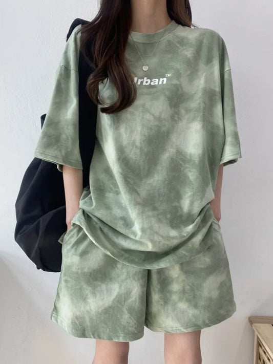 2Piece Suit Women T-Shirt Shorts Set Tie Dye Loose tshirt and wide leg middle shorts with pockets female Casual Soft Summer Sets